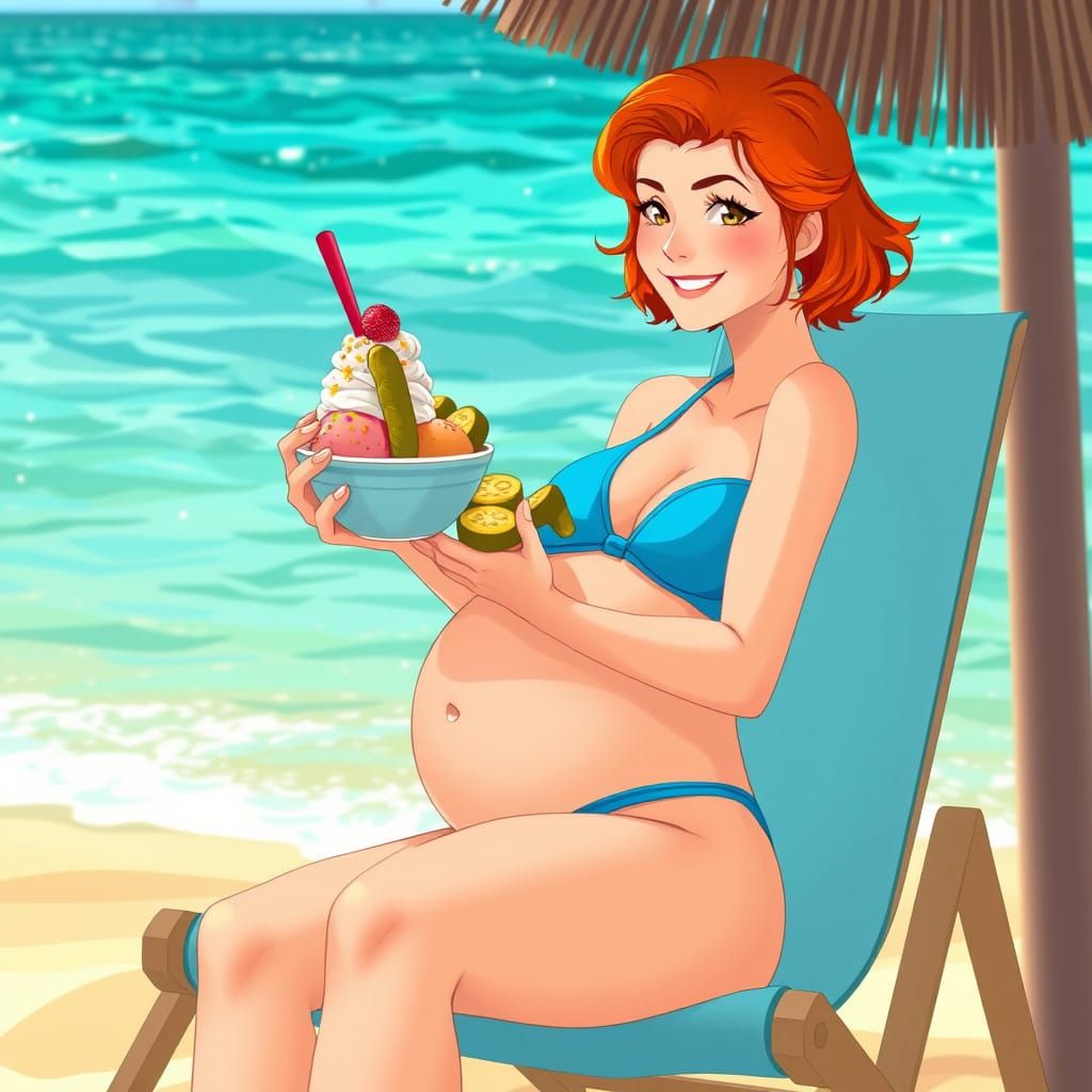 Warm Smile Anime Girl Showcases Baby Bump in Beach Paradise