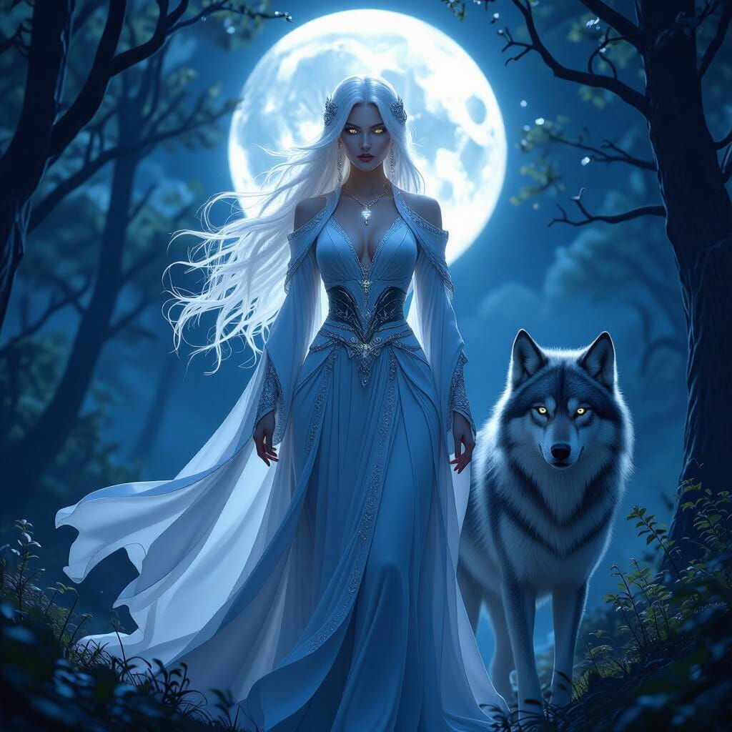Moon Goddess and Wolf Guardian in Mystical Forest