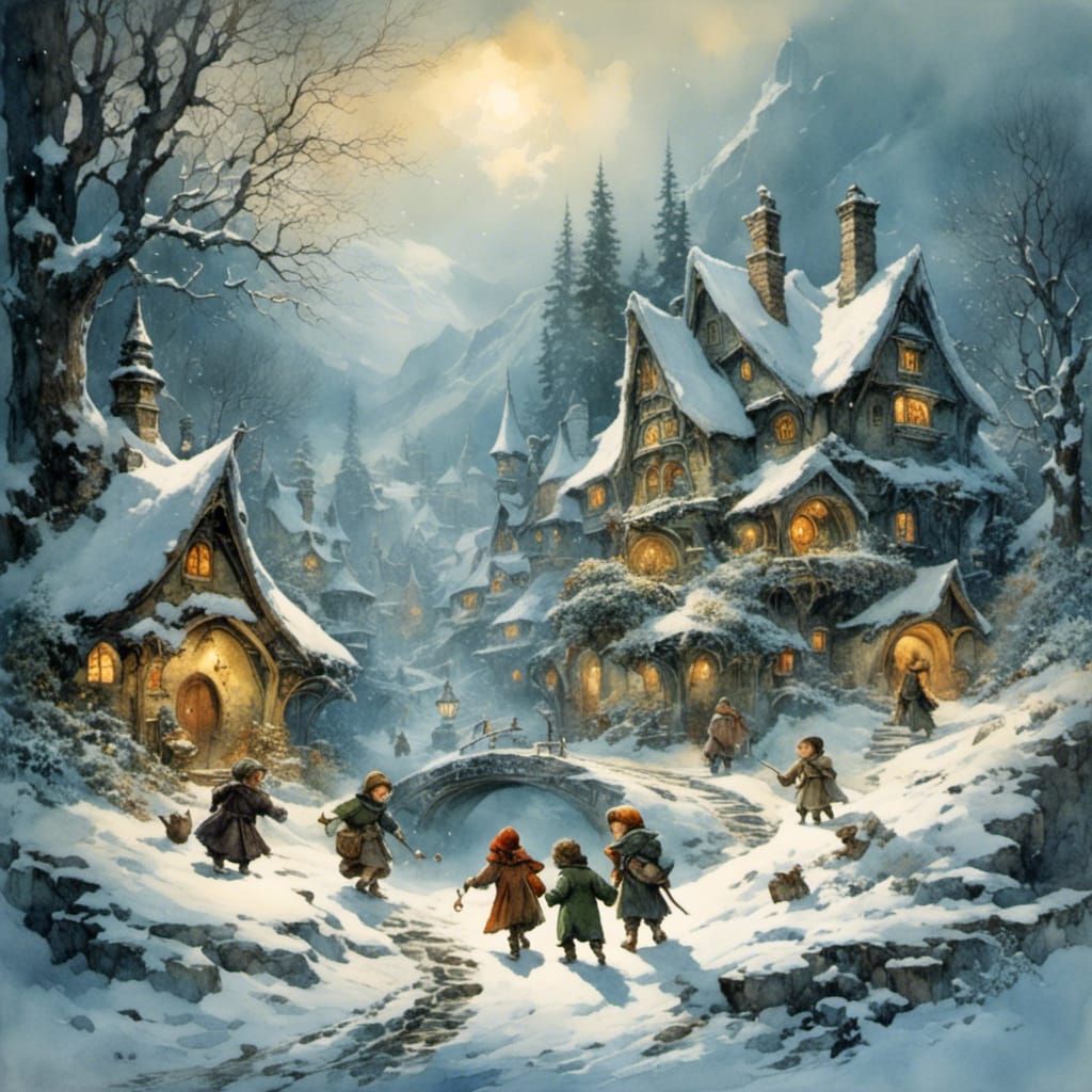 Hobbits Playing in Snow, Romantic Watercolor Style