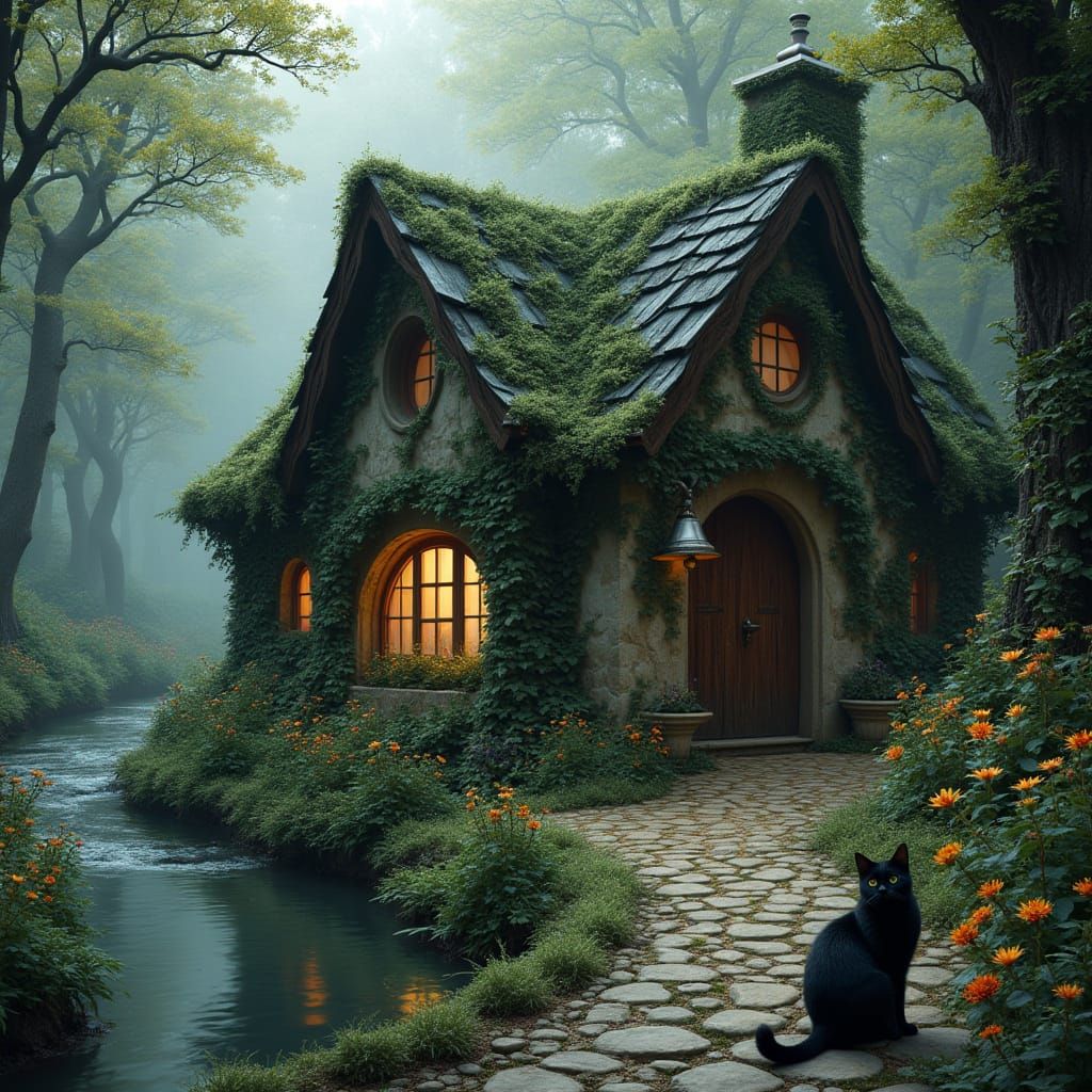 Mystical Ivory Cottage in Forest with Black Cat
