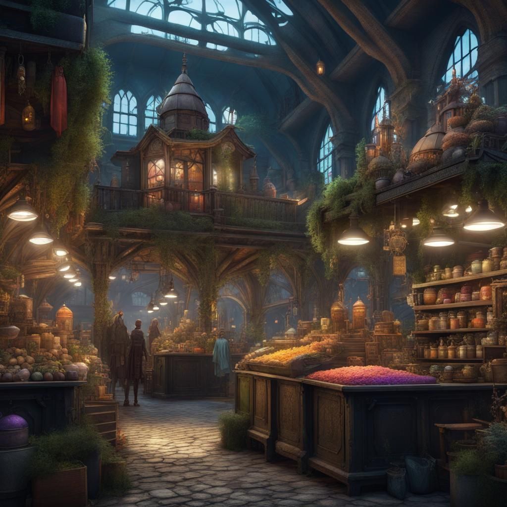 Ancient City Market with Magic Forest, Dark Fantasy