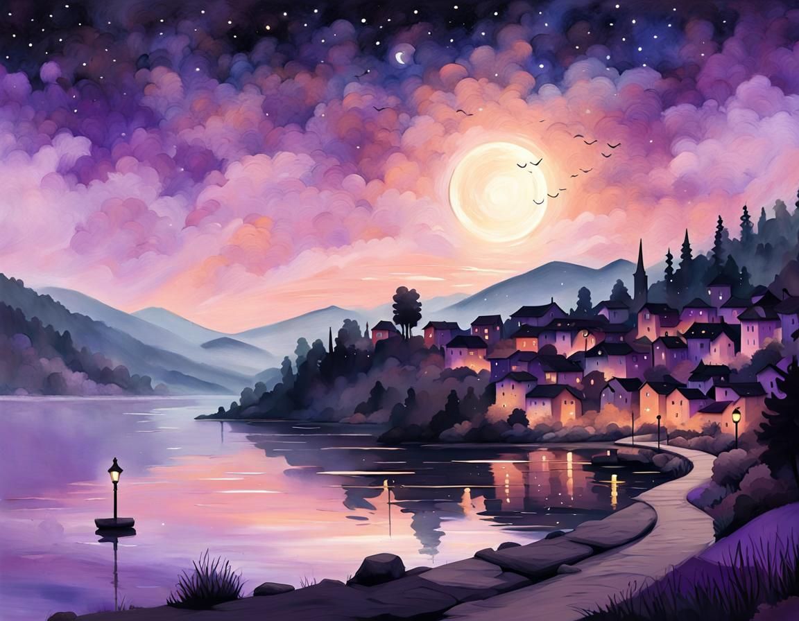 Serene Lakeside Town at Night in Oil Painting Style