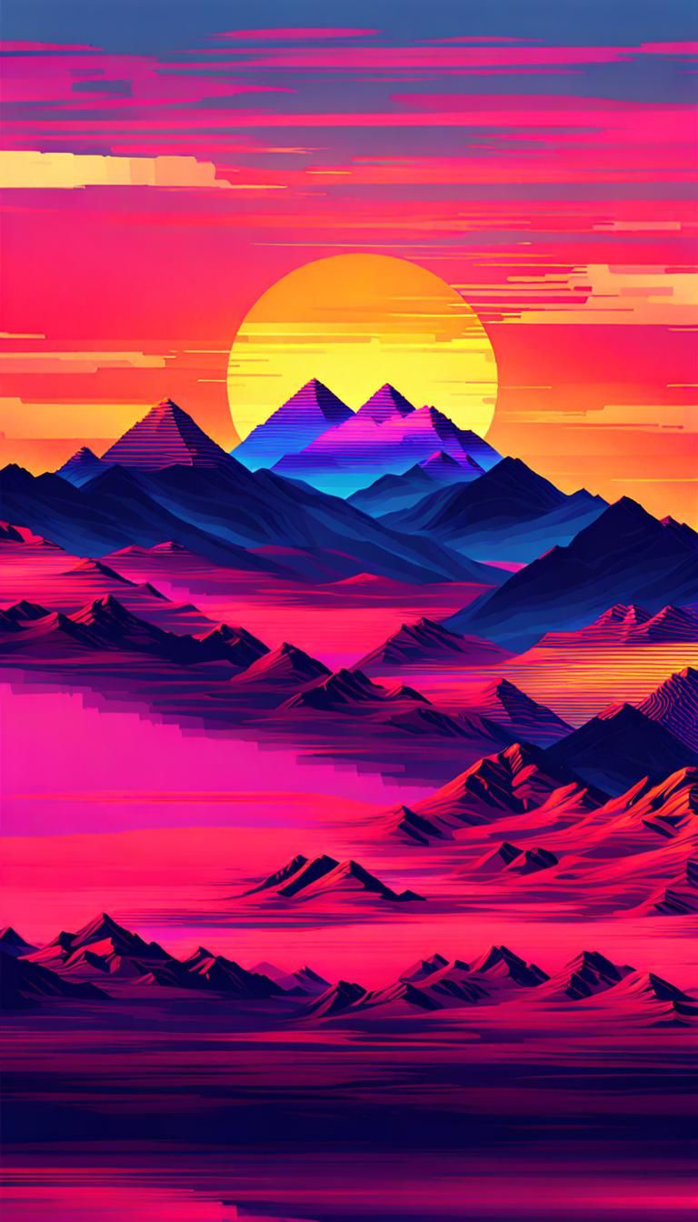 Glitch Art Sunset Mountain Landscape