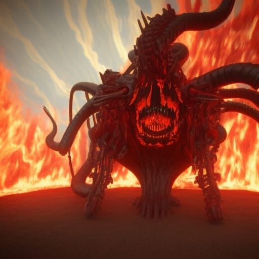 Robotic Satan in Fiery Eldritch Landscape