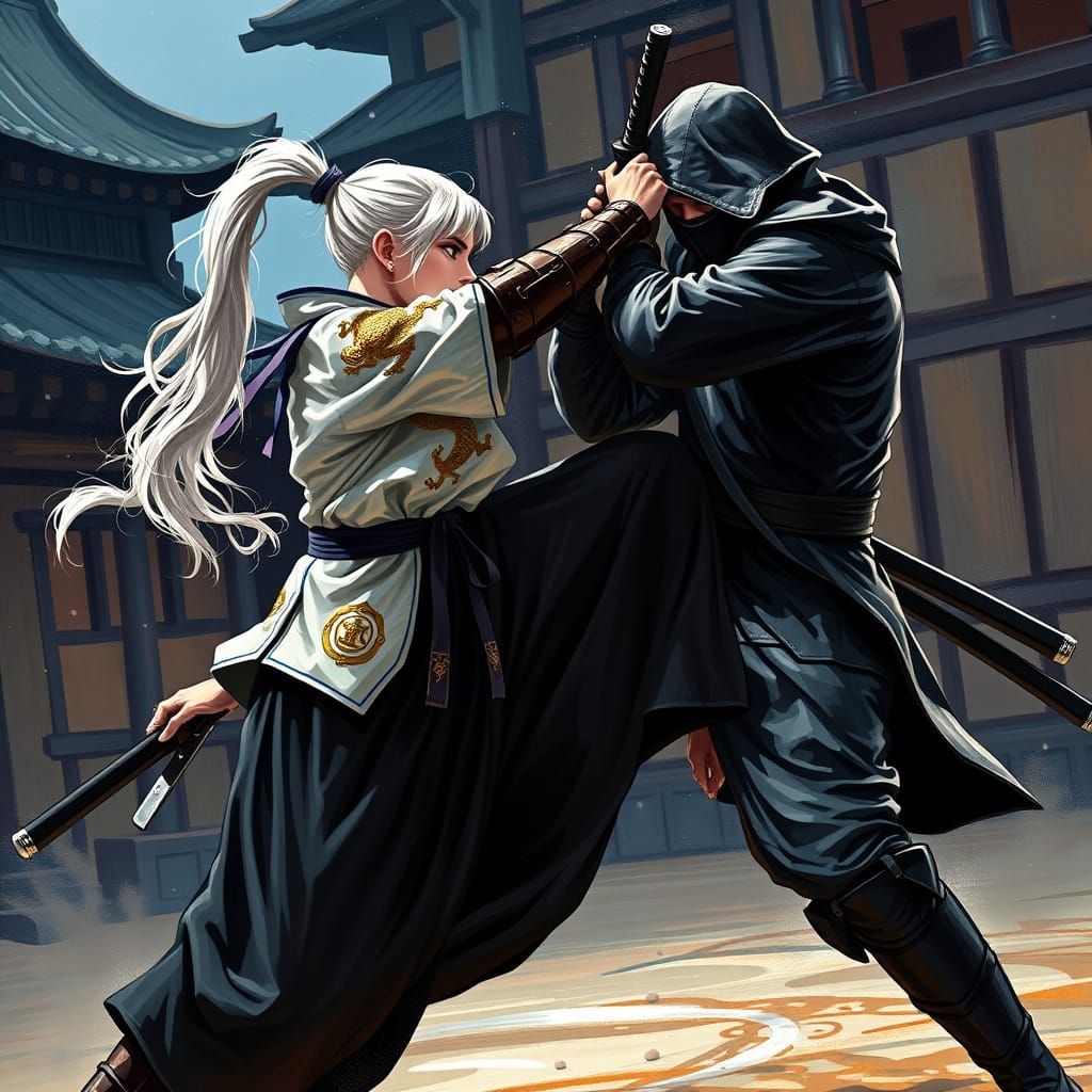 Samurai Jumping Knee Strike in Impressionist Style