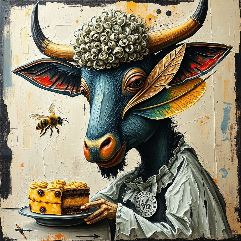 Abstract Impasto Artwork: Curly-Haired Woman with Insect Bod...