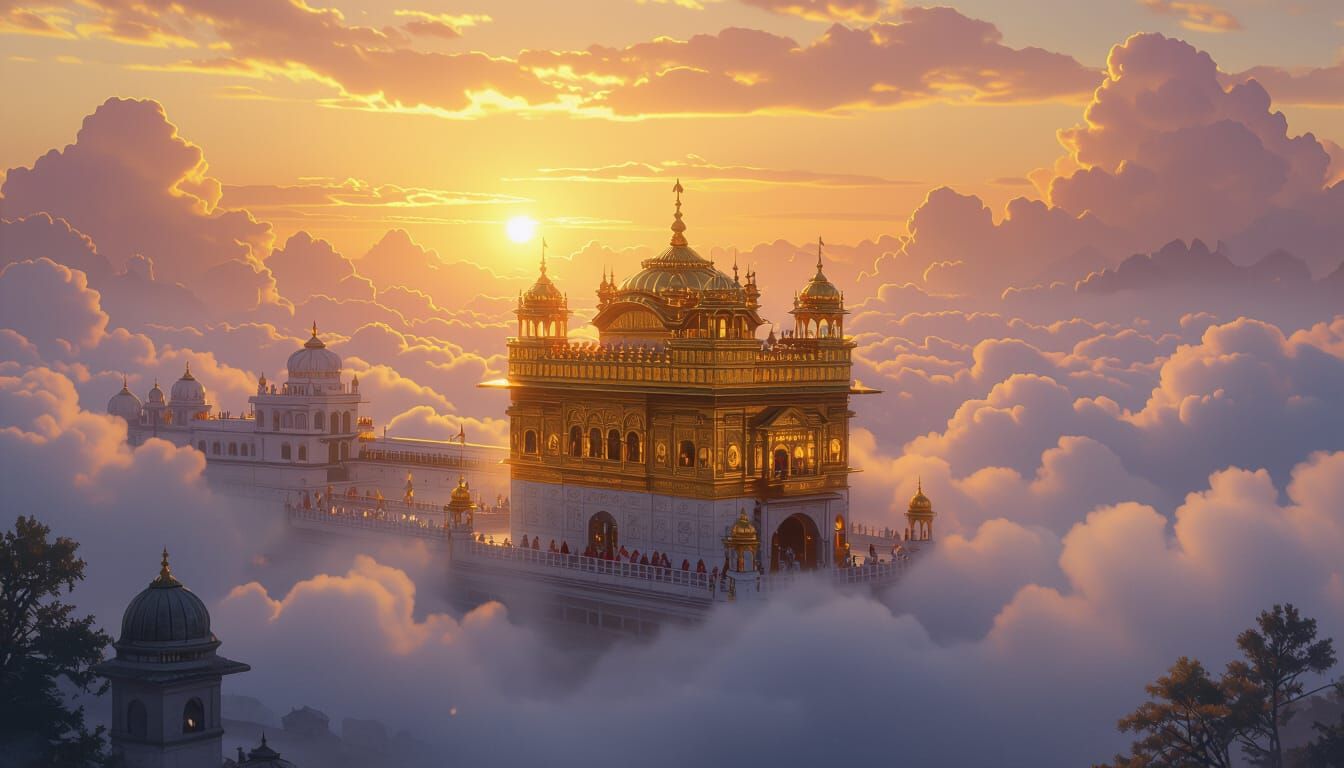 Heavenly Golden Temple at Sunrise in Kinkade Style