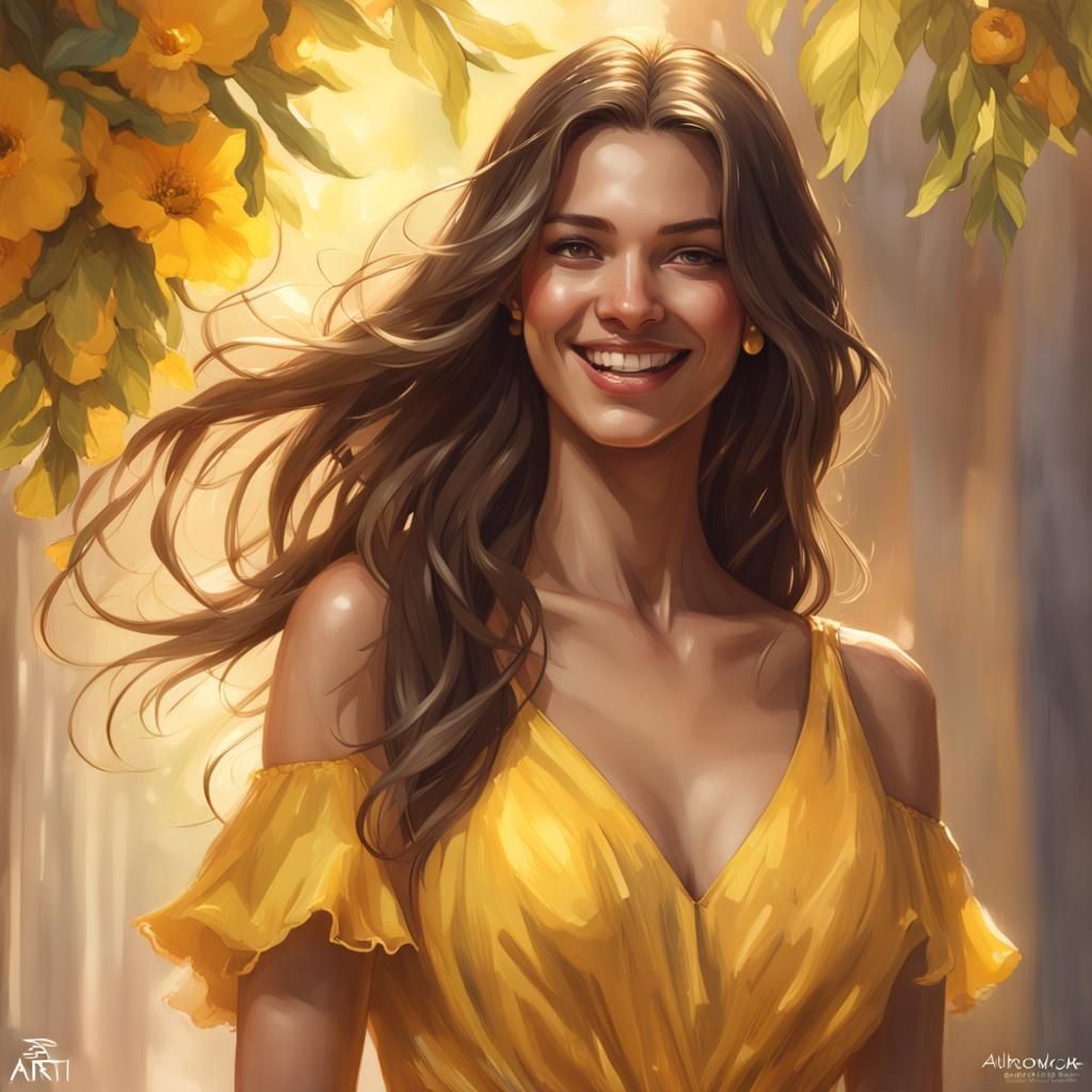 Smiling Woman in Yellow Dress: Hyperdetailed Portrait