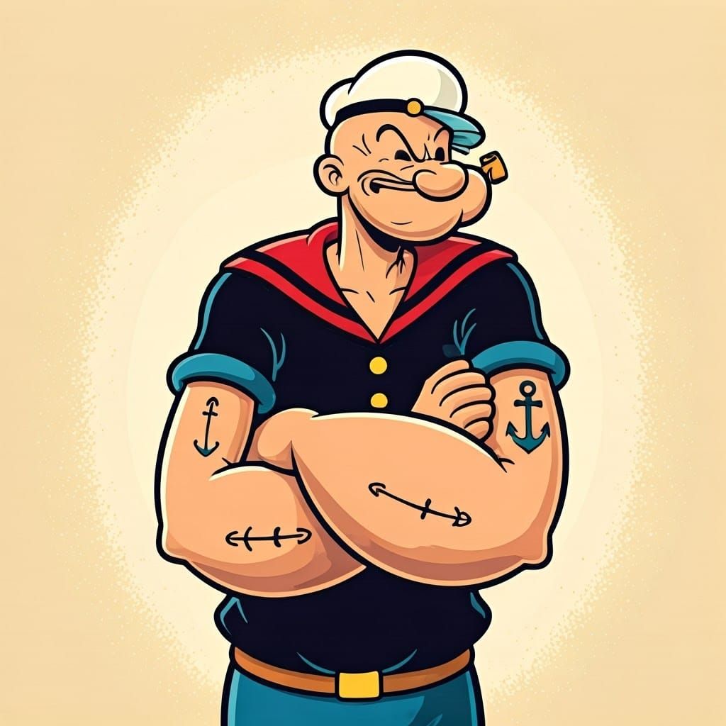 Popeye Sailor with Vibrant Anchor Tattoo in Bold Comic Style