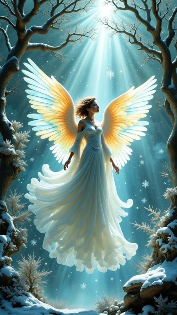 Ethereal Angel Descends into Snowy Forest