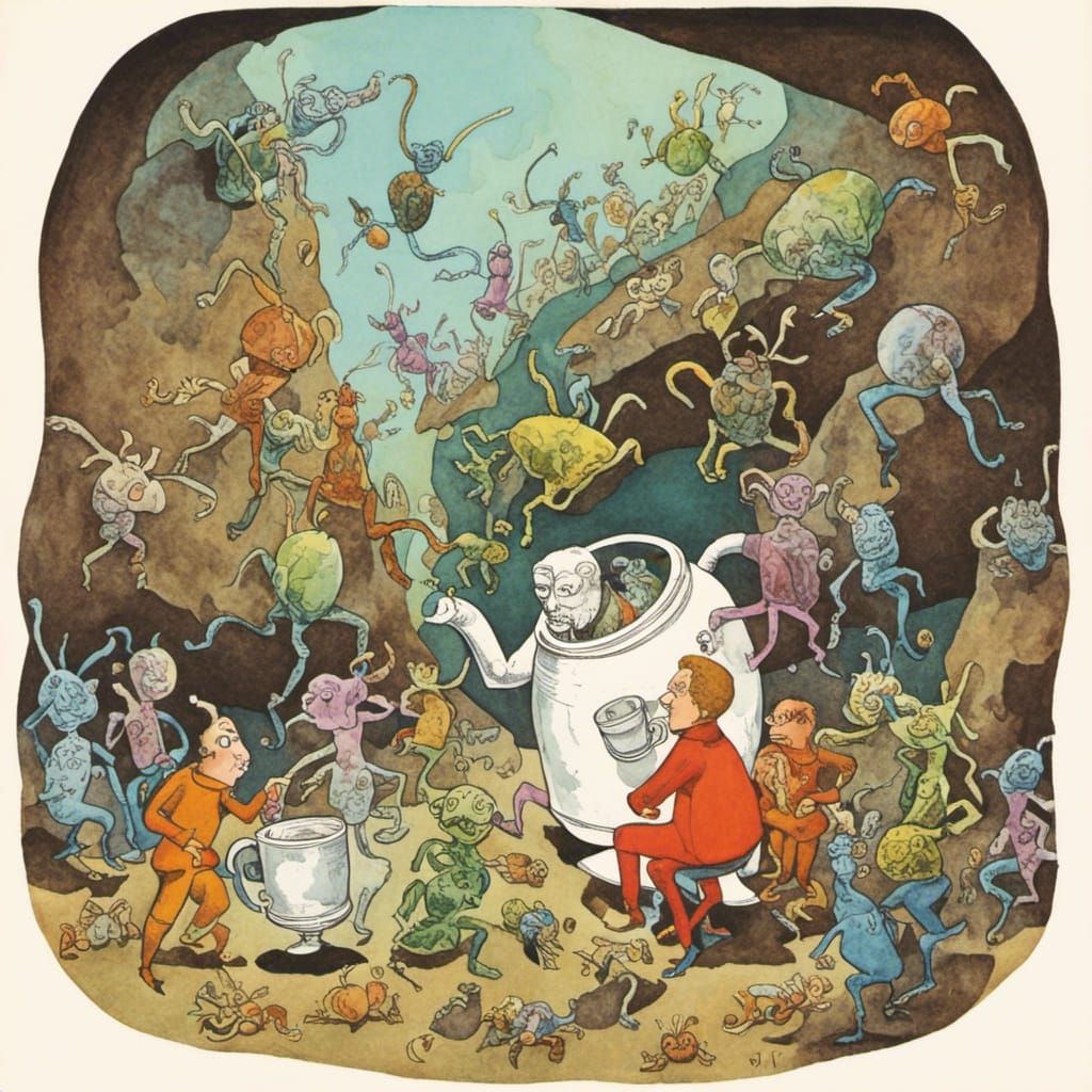 Astronaut Surrounded by Bug Aliens in a Cave in Whimsical Ar...
