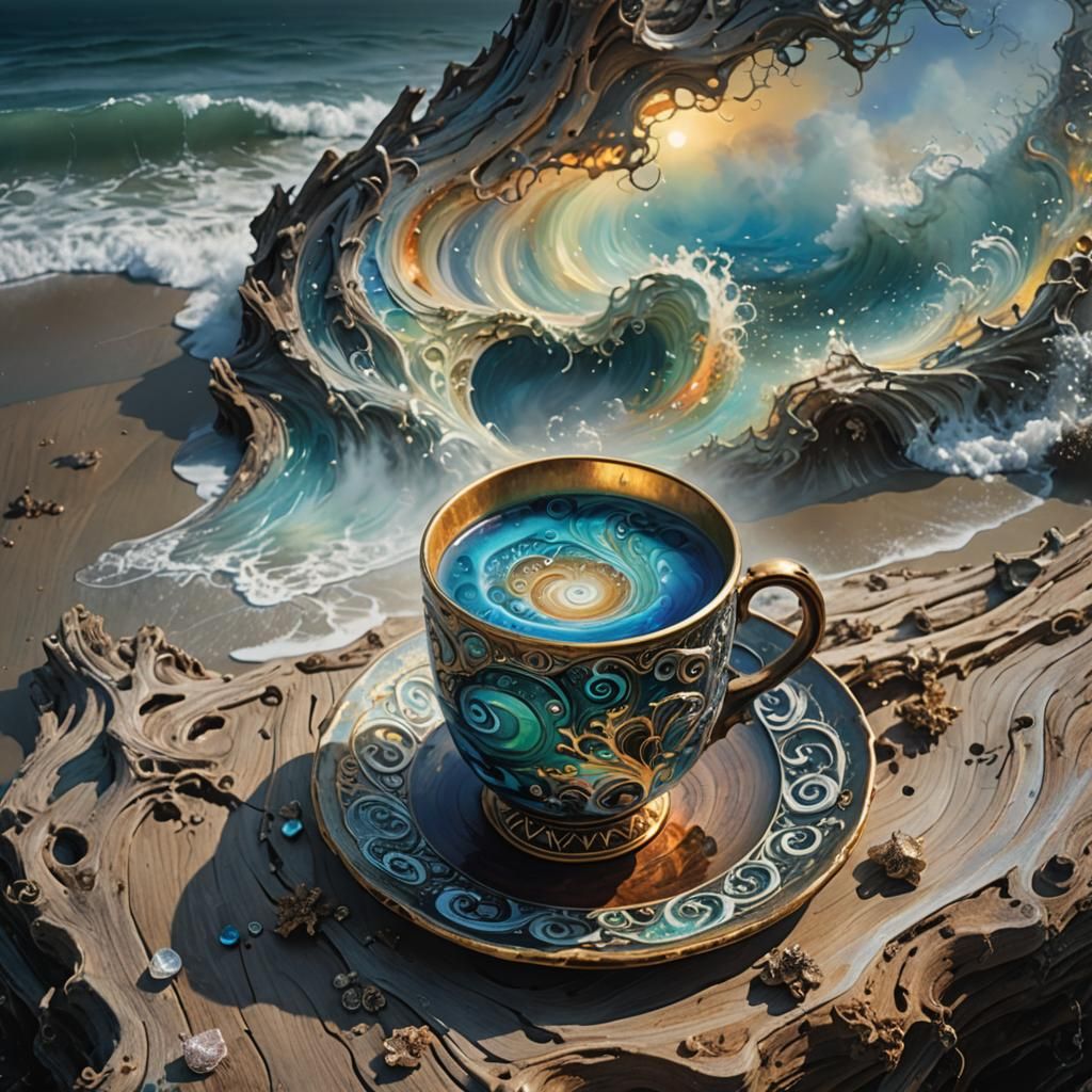 Ornate Sea Cup on Driftwood Table in Surrealist Style