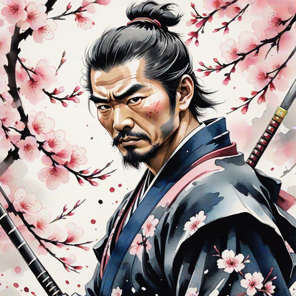 Samurai Among Cherry Blossoms in Sumi-e Style