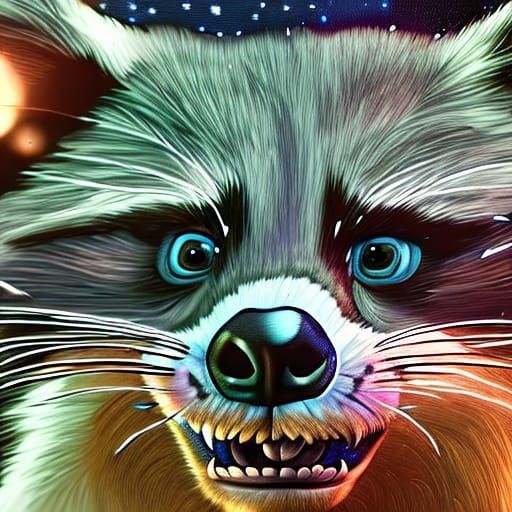 Raccoon Head in Space: Hyperrealistic Pixar Rendering