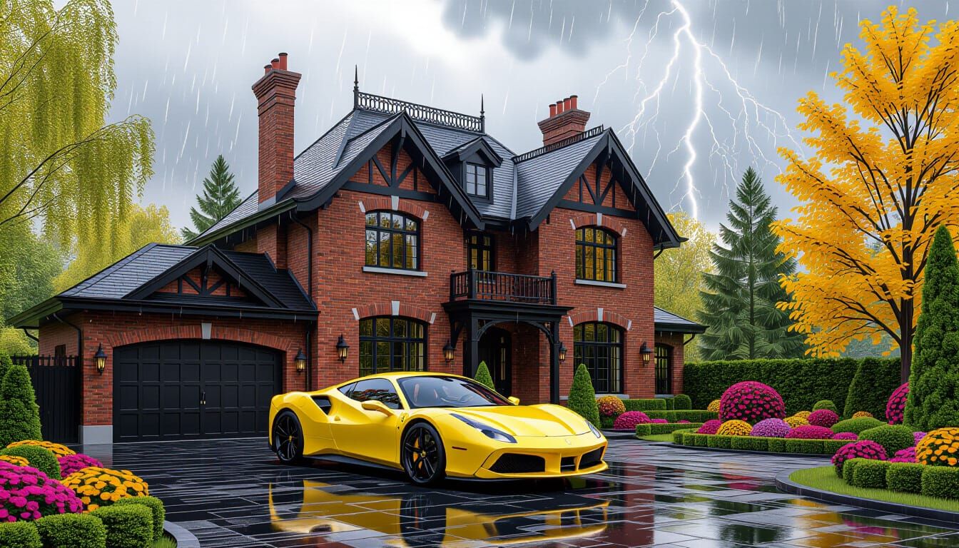 Victorian Chateau with Yellow Ferrari in Heavy Rain