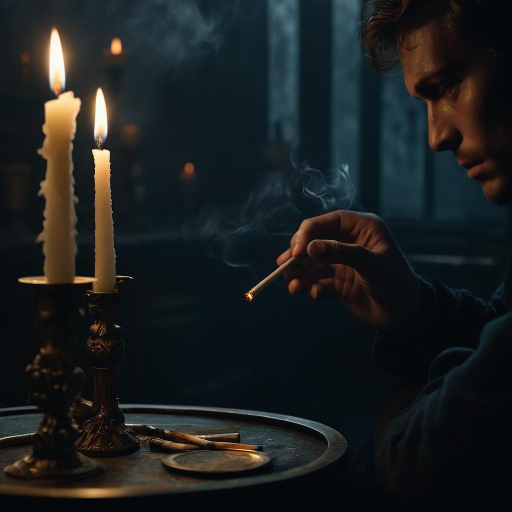 Moody Film Still: Person Lighting Cigarette in Dark Room
