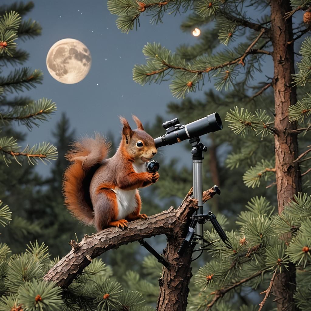 Squirrel Observes Moon from Pine Tree