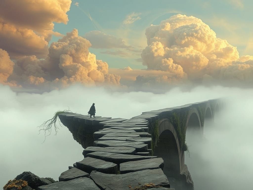 Surreal Bridge of Fading Hope in a Mist-Shrouded Abyss