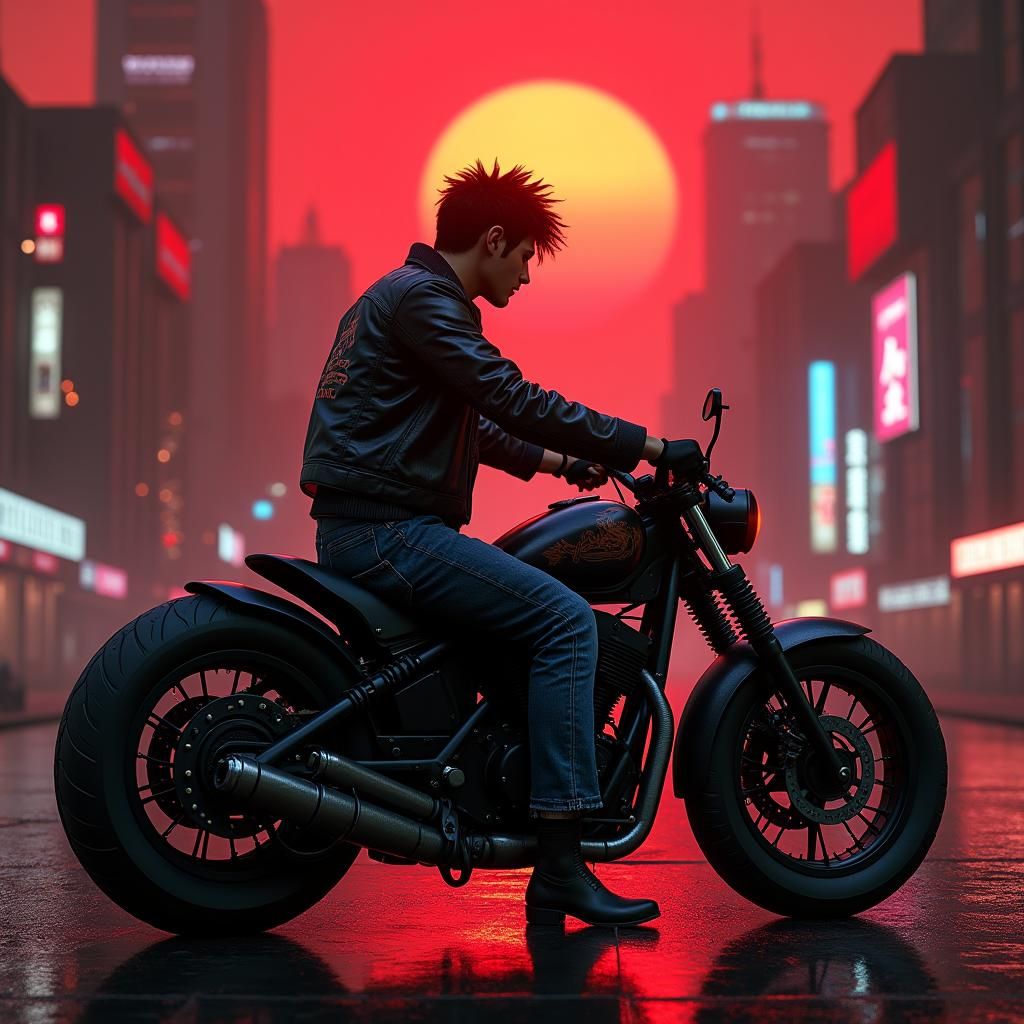 Akira on Motorbike in Dark Gothic Cityscape