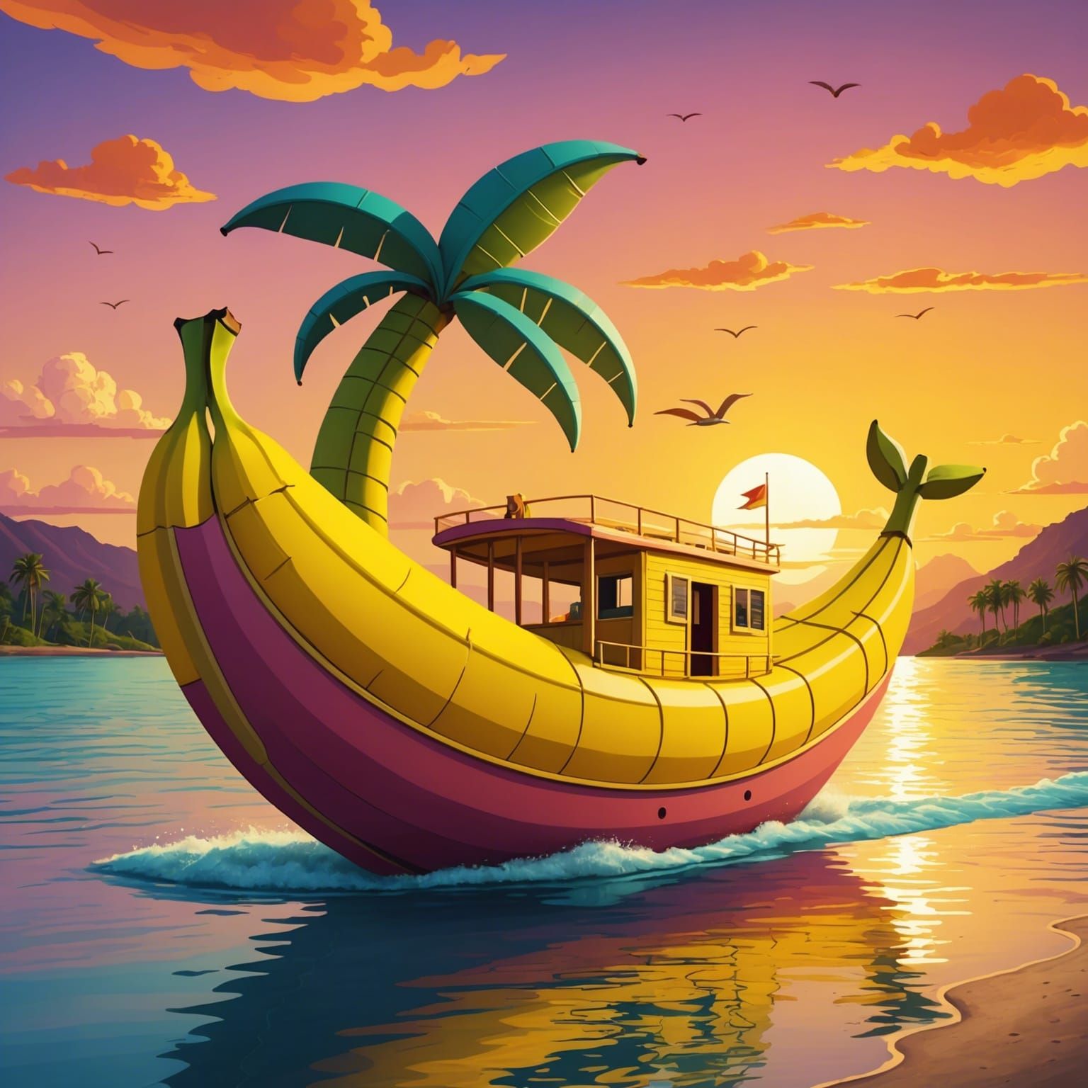 Whimsical Banana Boat Illustration at Sunset