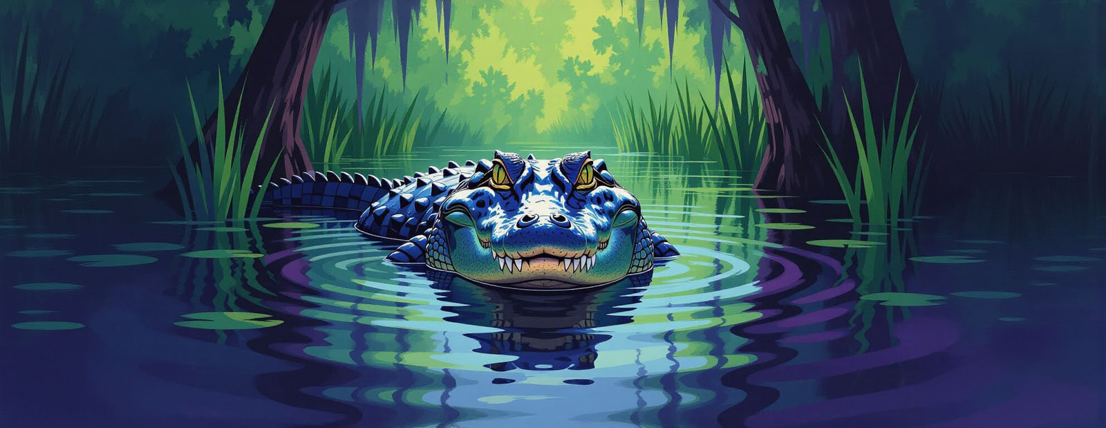 Alligator Emerges from Marsh in Painterly Style