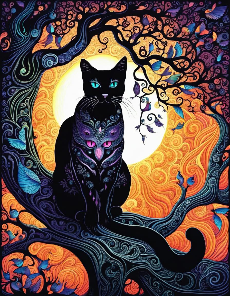 Mystical Cat in Tree: Black Light Marker Art