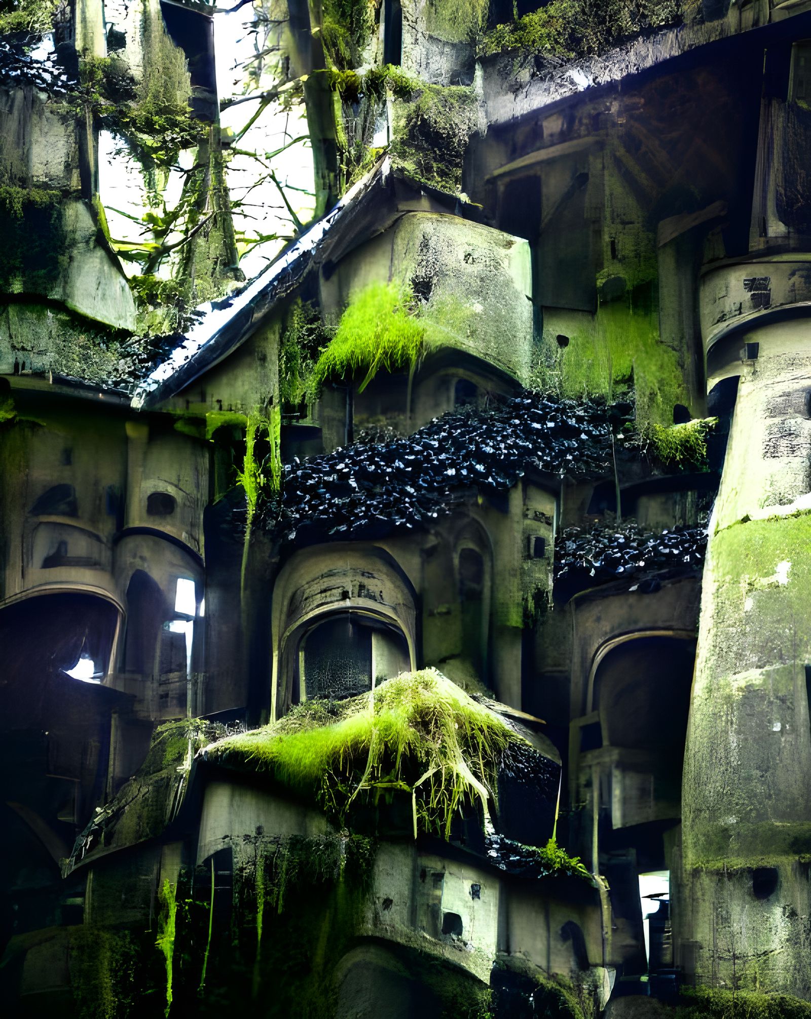 Surreal Dark Architecture with Moss and Mold