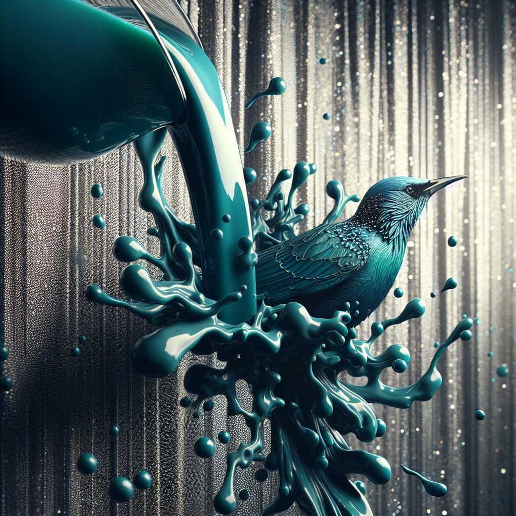 Hyperrealistic Pour Art of Greater Blue-Eared Starling in Te...
