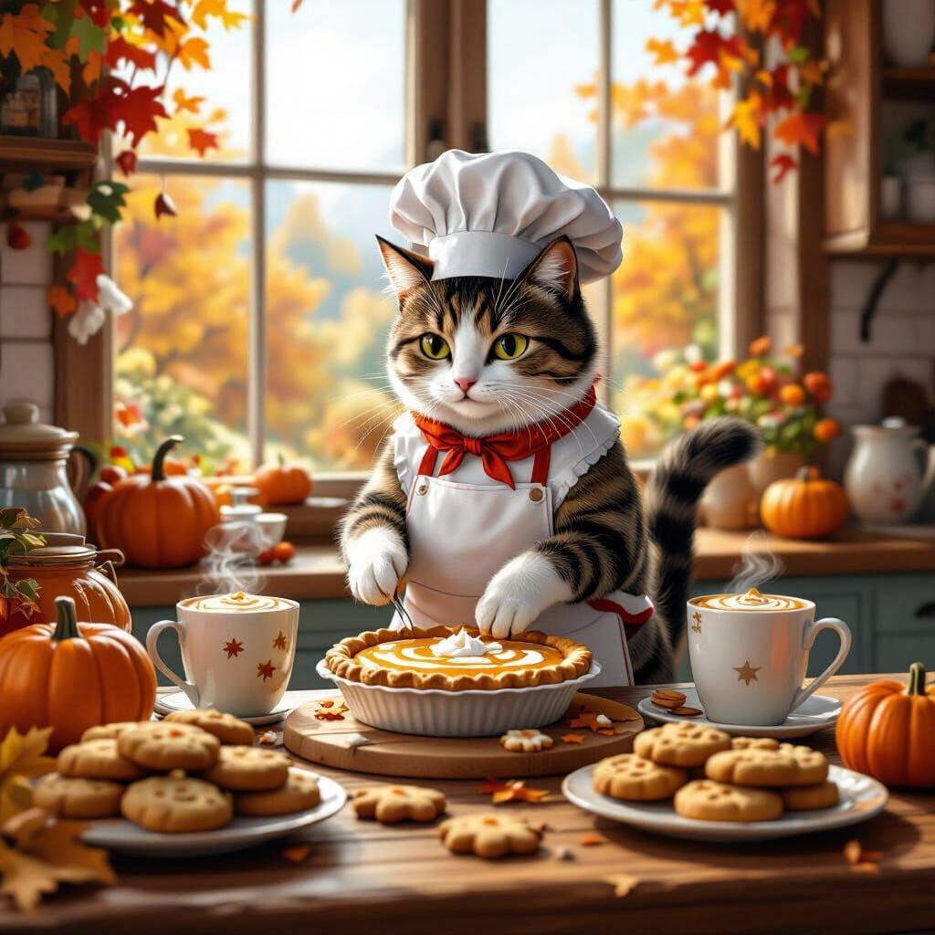 Cozy Autumn Kitchen with Cat Preparing Pumpkin Pie Lattes