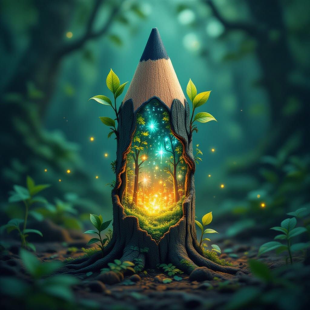 Pencil Transforms into Glowing Magical Forest