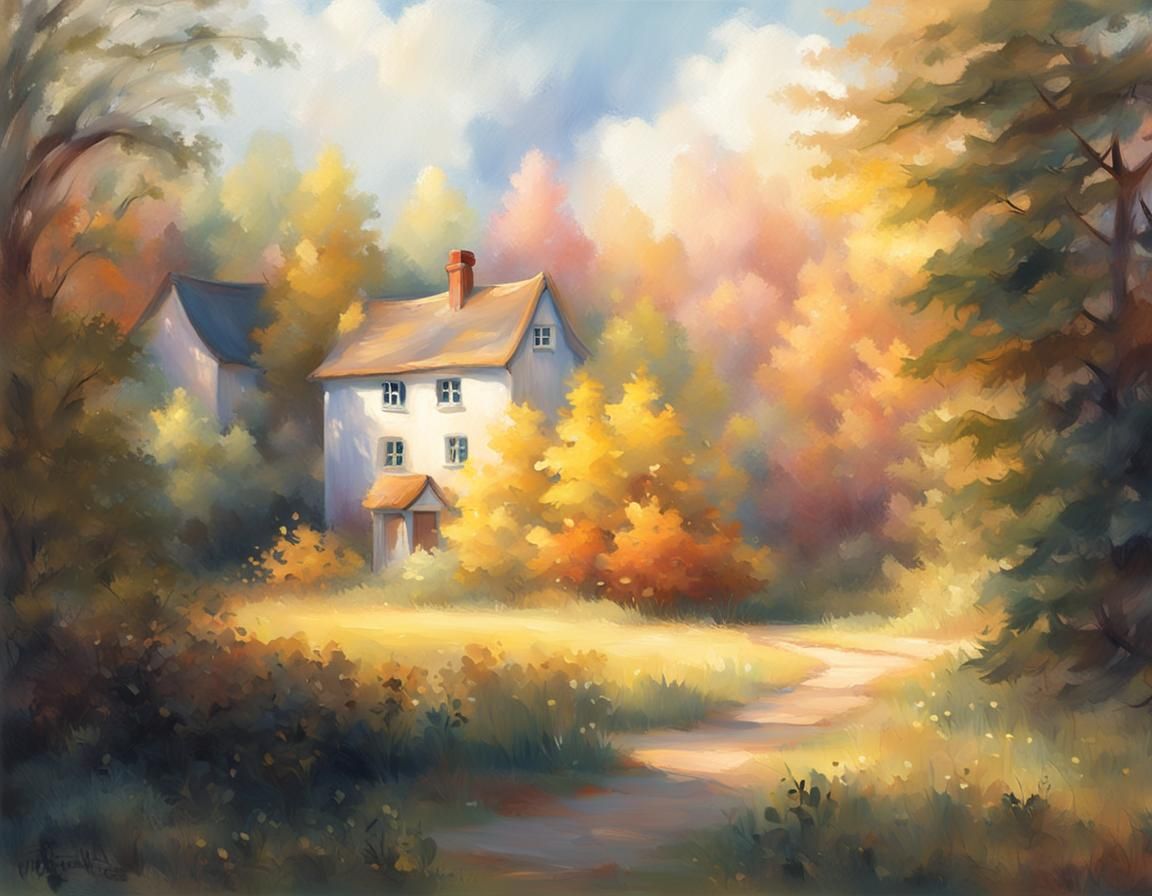 Ethereal Cottage in Autumnal Forest: Impressionist Landscape