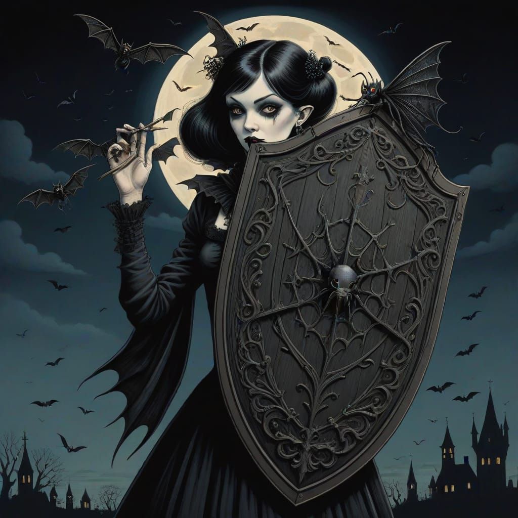 Rockabilly Vampiress Wields Gothic Shield in Midnight Sky