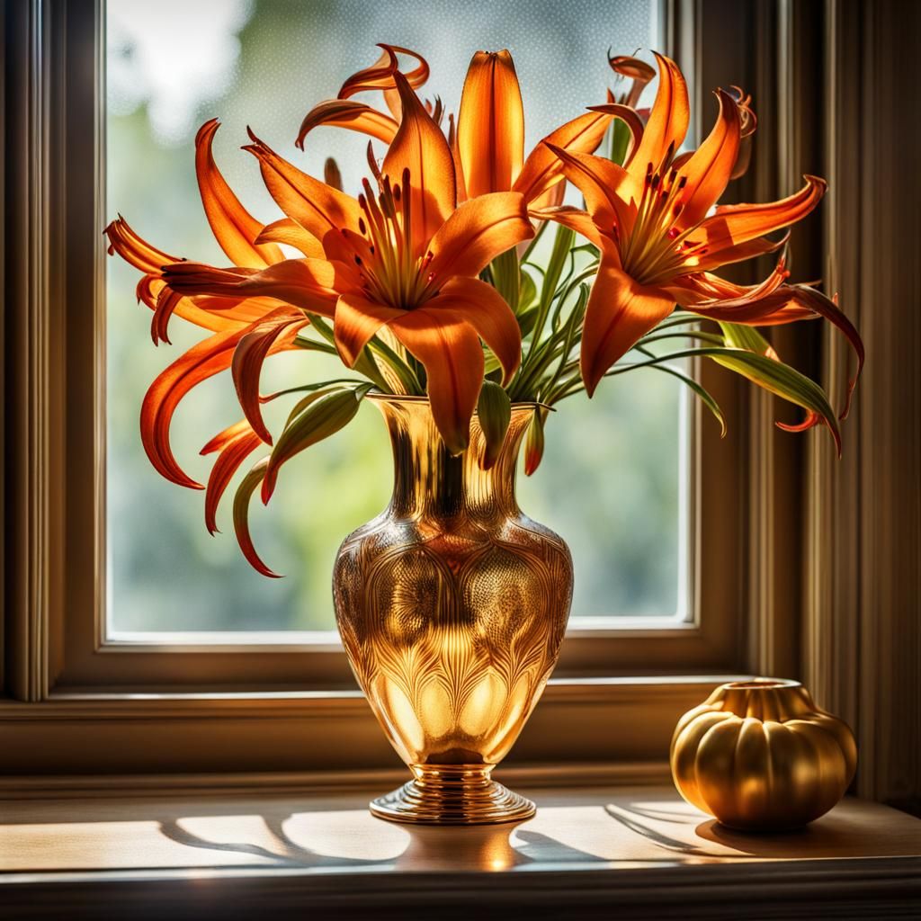 Golden Vase with Flame Lilies at Golden Hour