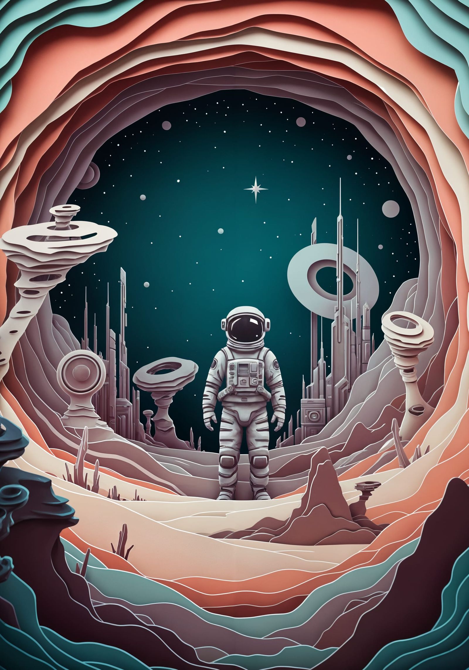 Astronaut in Paper Cut Style on Alien Planet