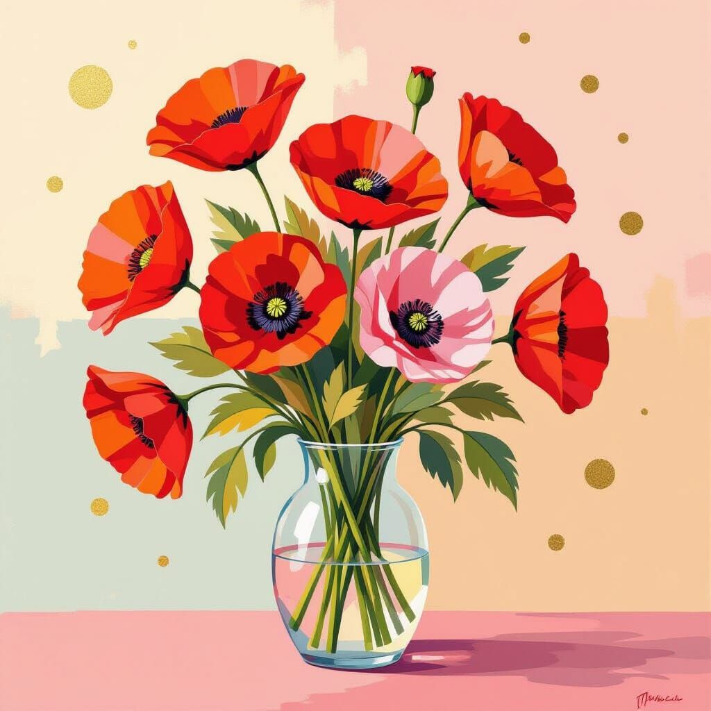 Vibrant Poppy Flowers in Vase: Abstract Expressionism