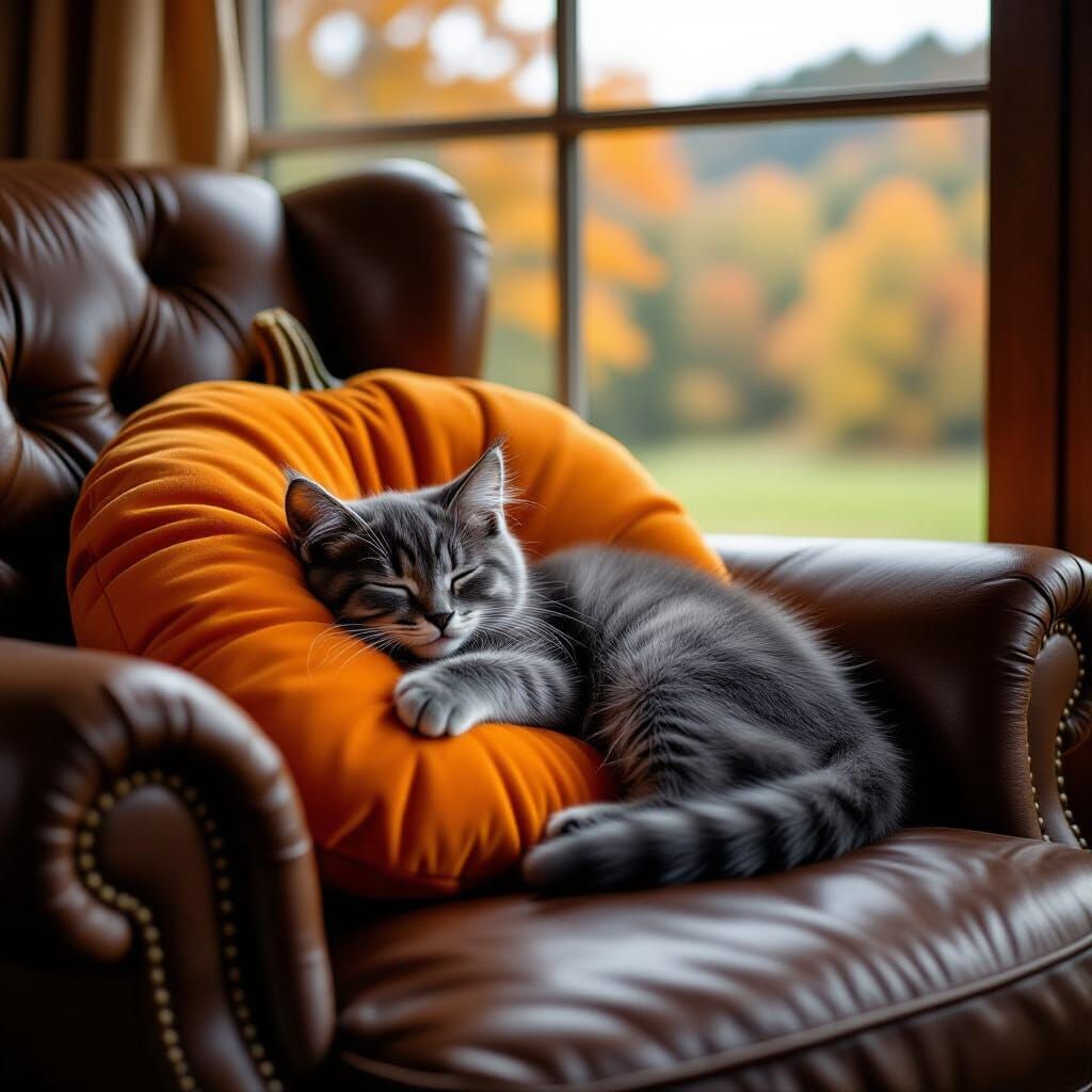 Kitten Napping on Leather Chair in Autumn Woodland Setting