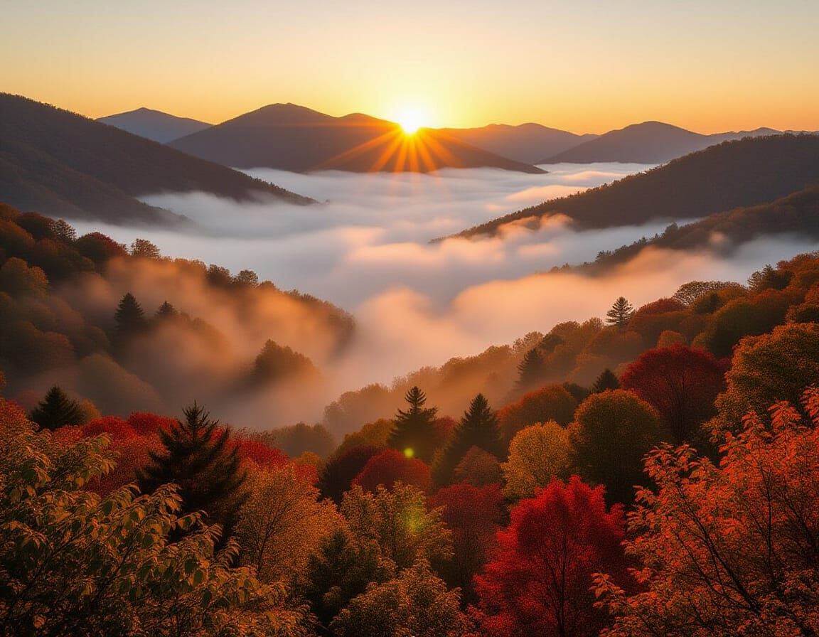 Misty Autumn Forest Sunrise in Smoky Mountains