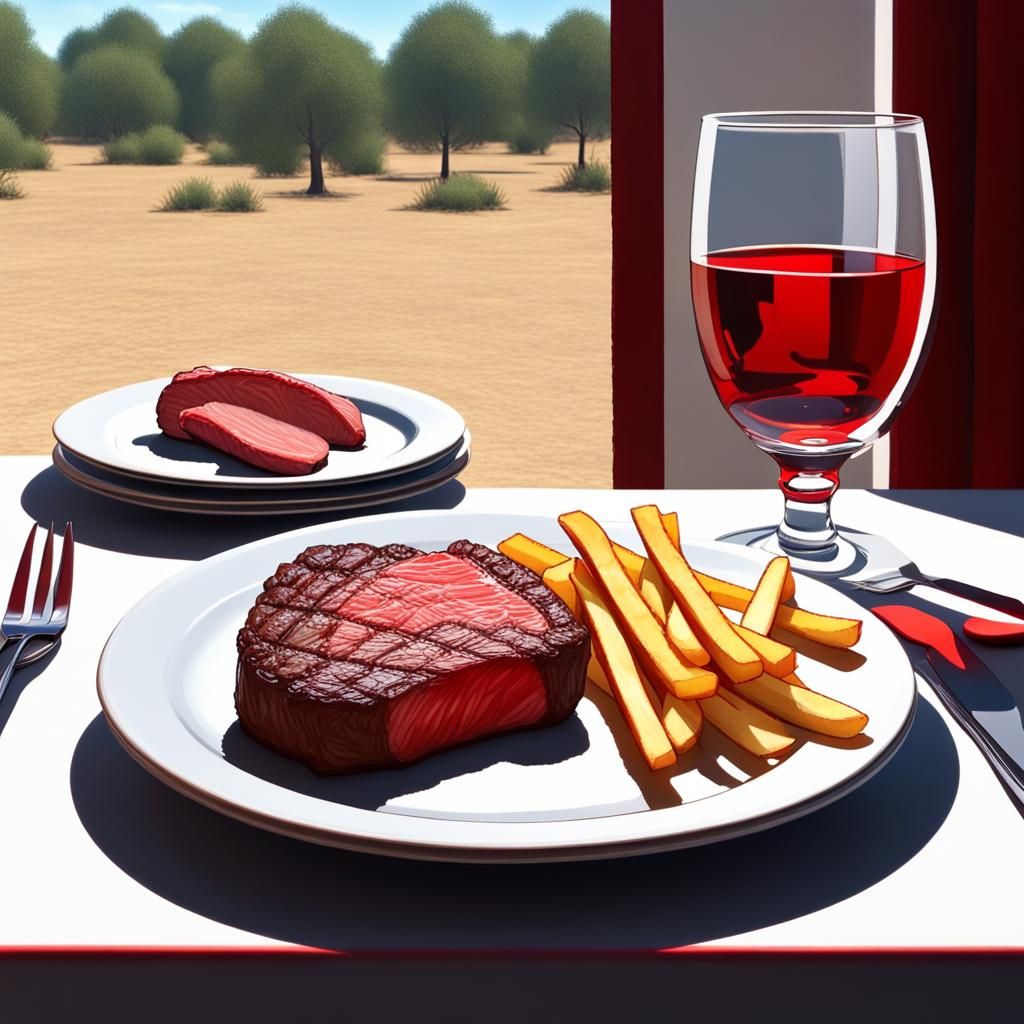 Still Life: Wine, Steak, and Fries in Academic Style