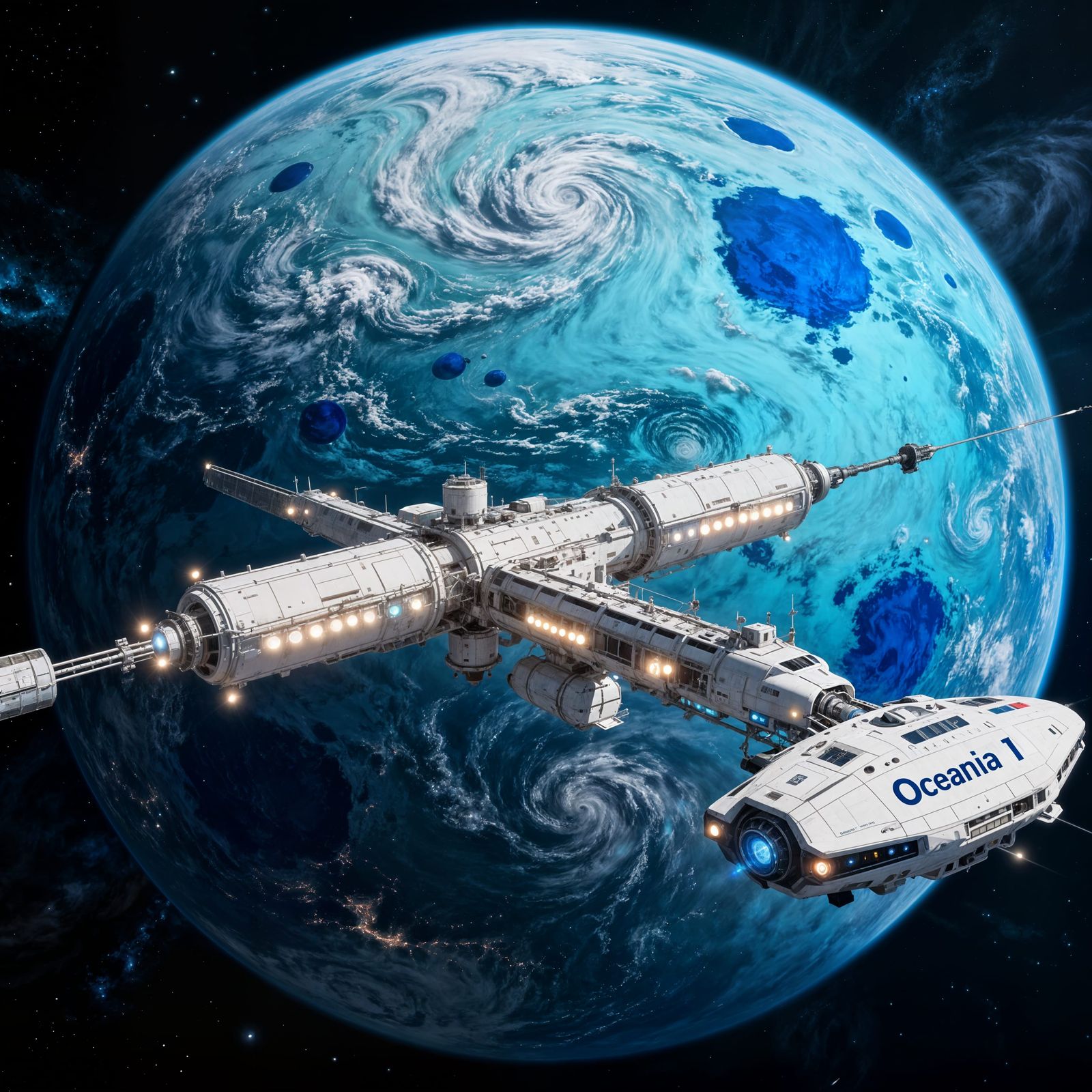 Alien Ocean Planet With Space Station View