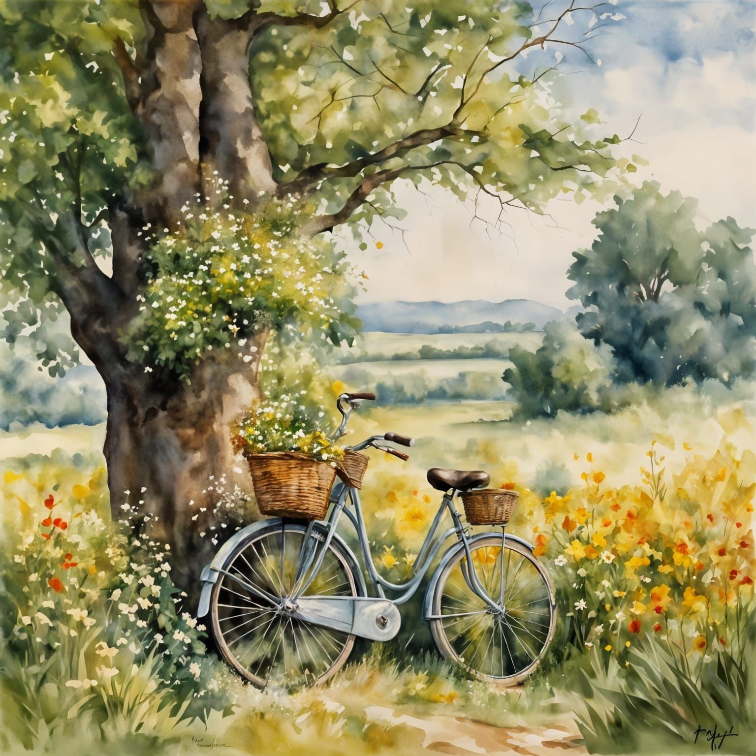 Vintage Countryside Scene with Bicycle and Wildflowers