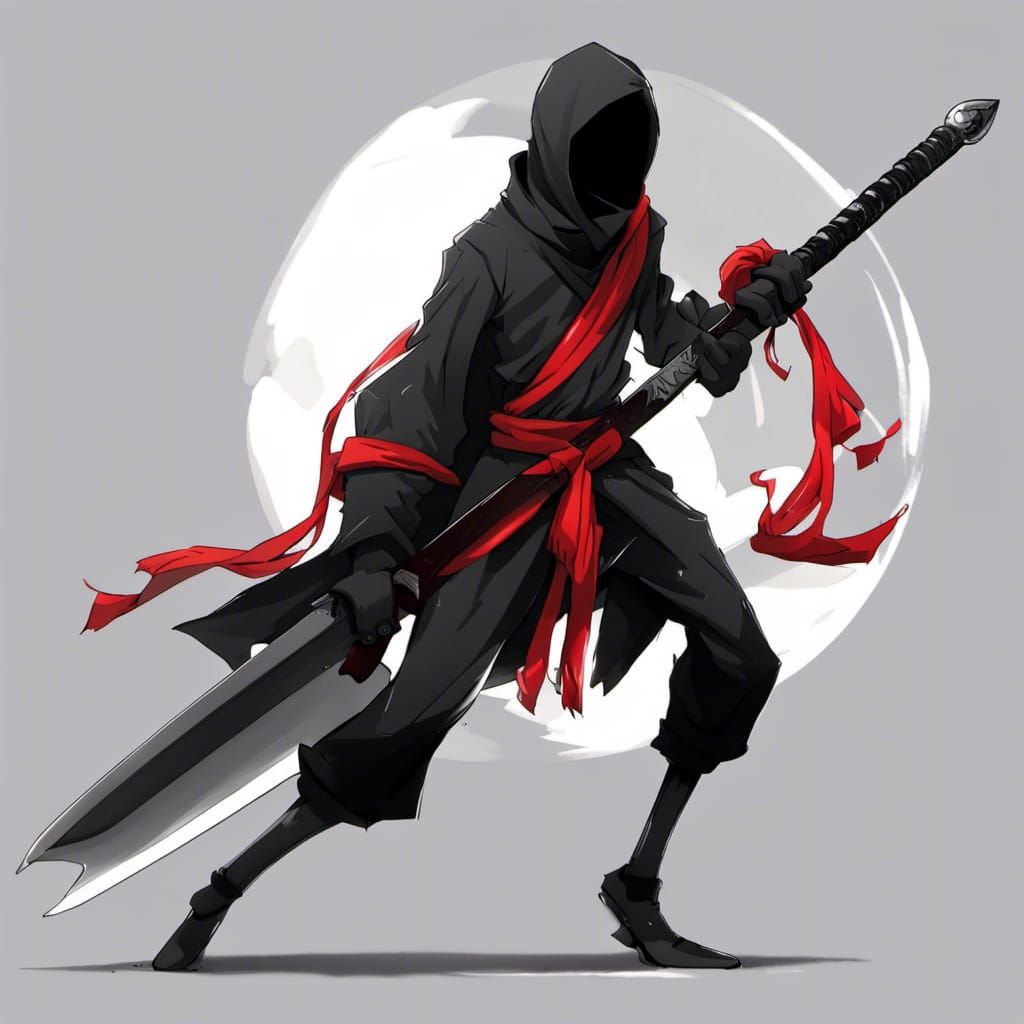 Black Stickman Ninja with Red Scarf in Anime Style
