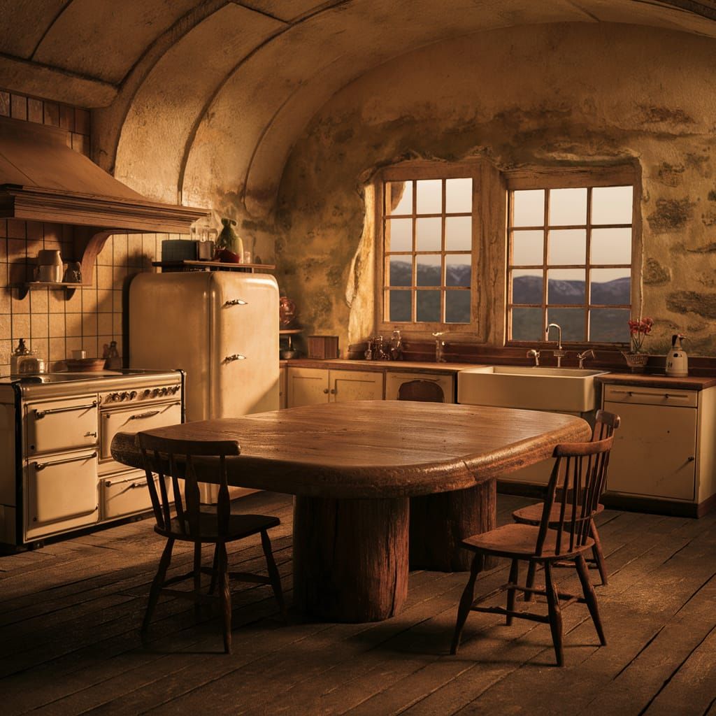 Cozy Vintage Kitchen with Antique Stove and Stone Wall