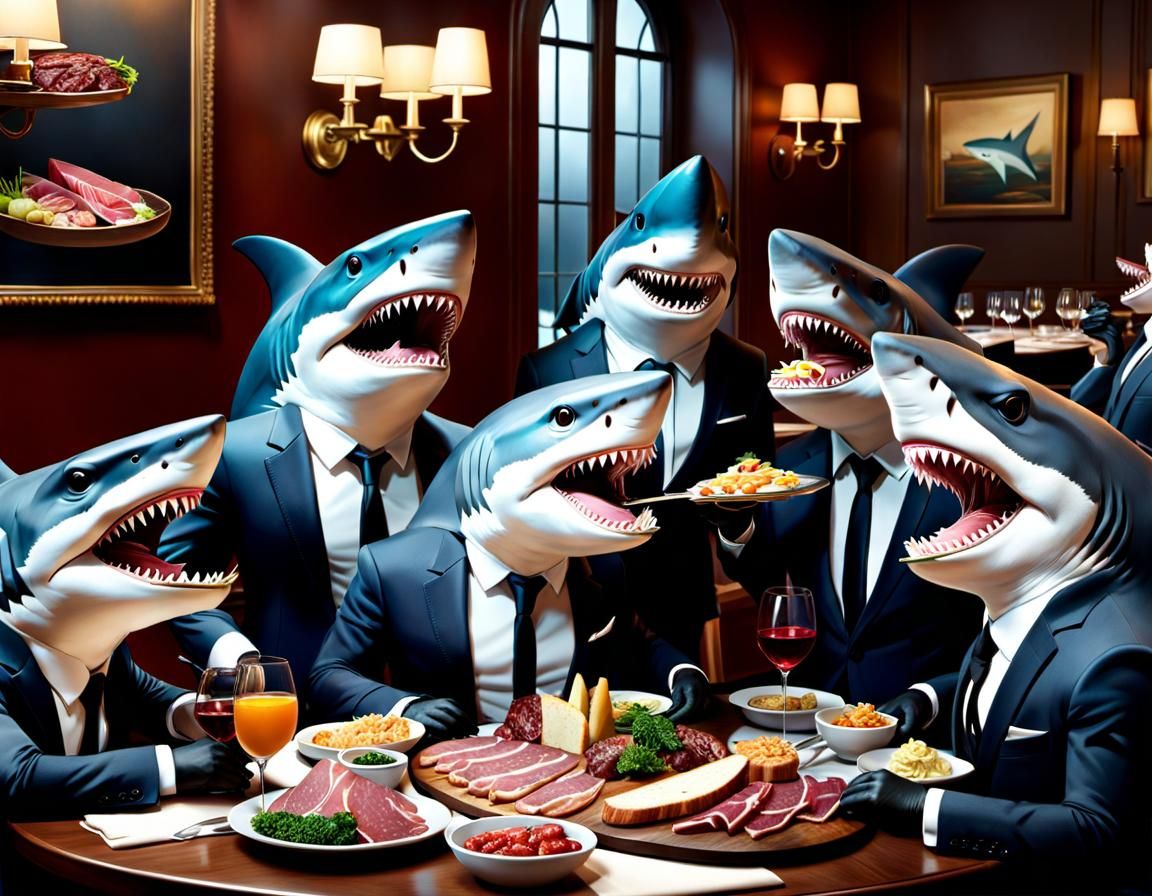 Anthropomorphic Sharks Dine on Charcuterie Board