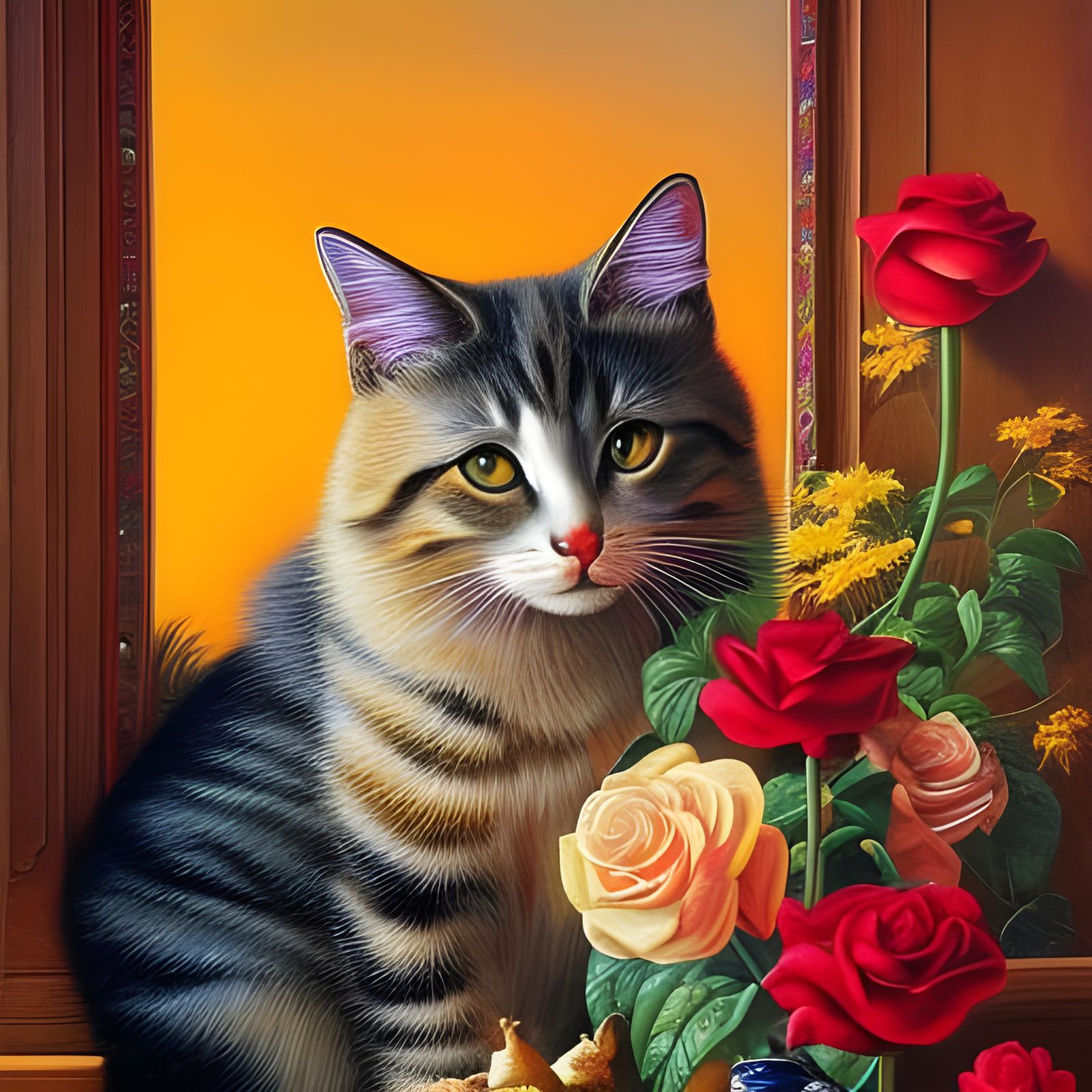 Cats in Rose Garden: Oil Painting in Surreal Style