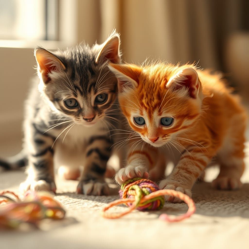 Kittens Pouncing on Yarn: Warm Natural Light