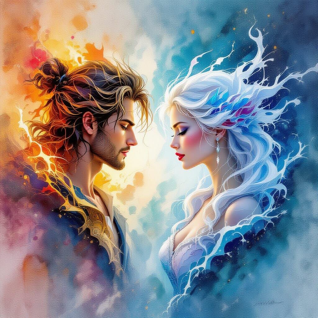 Fire and Ice Watercolor Painting in Ethereal Fantasy Style