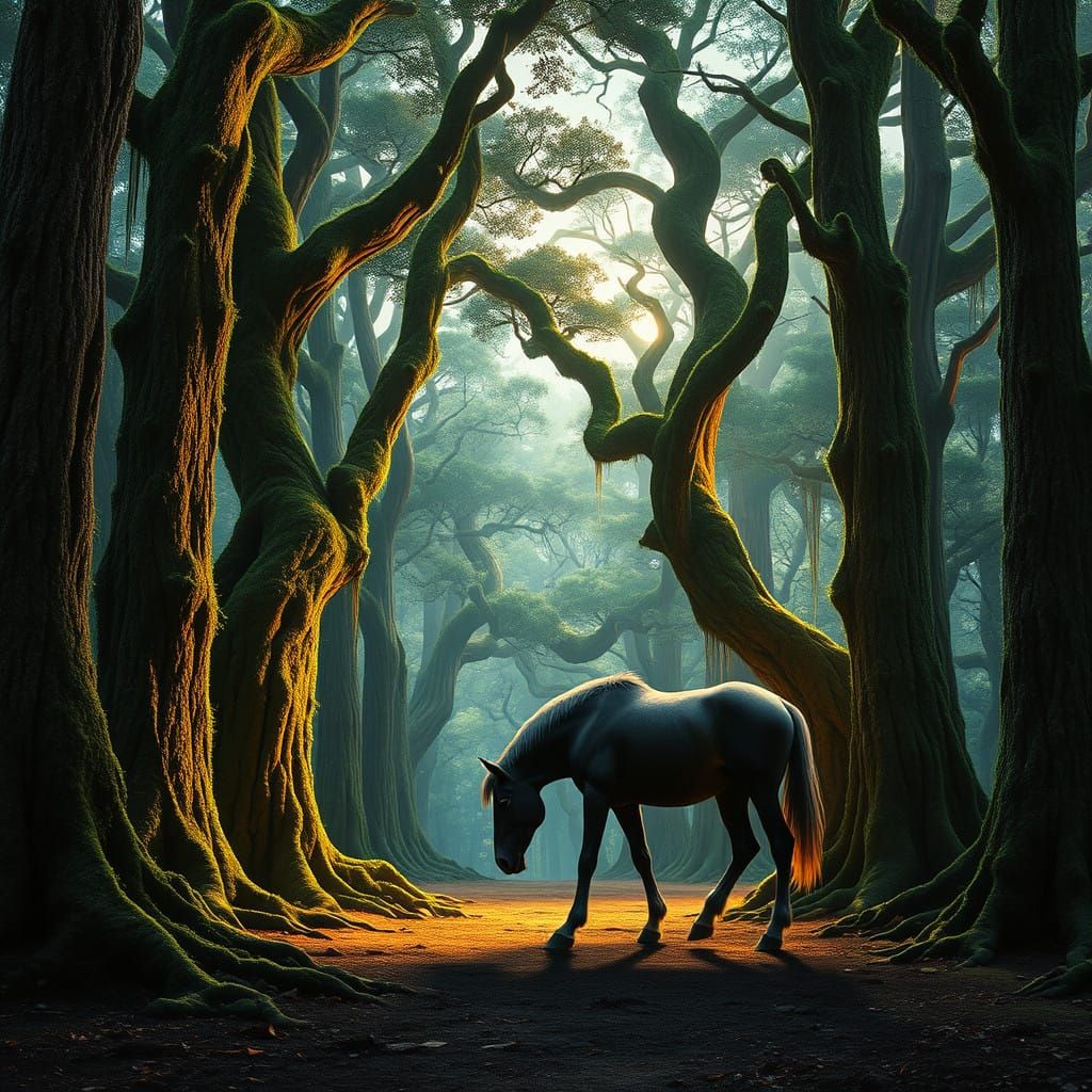 Mystical Forest Scene with Hinoki Pine and Death Horse