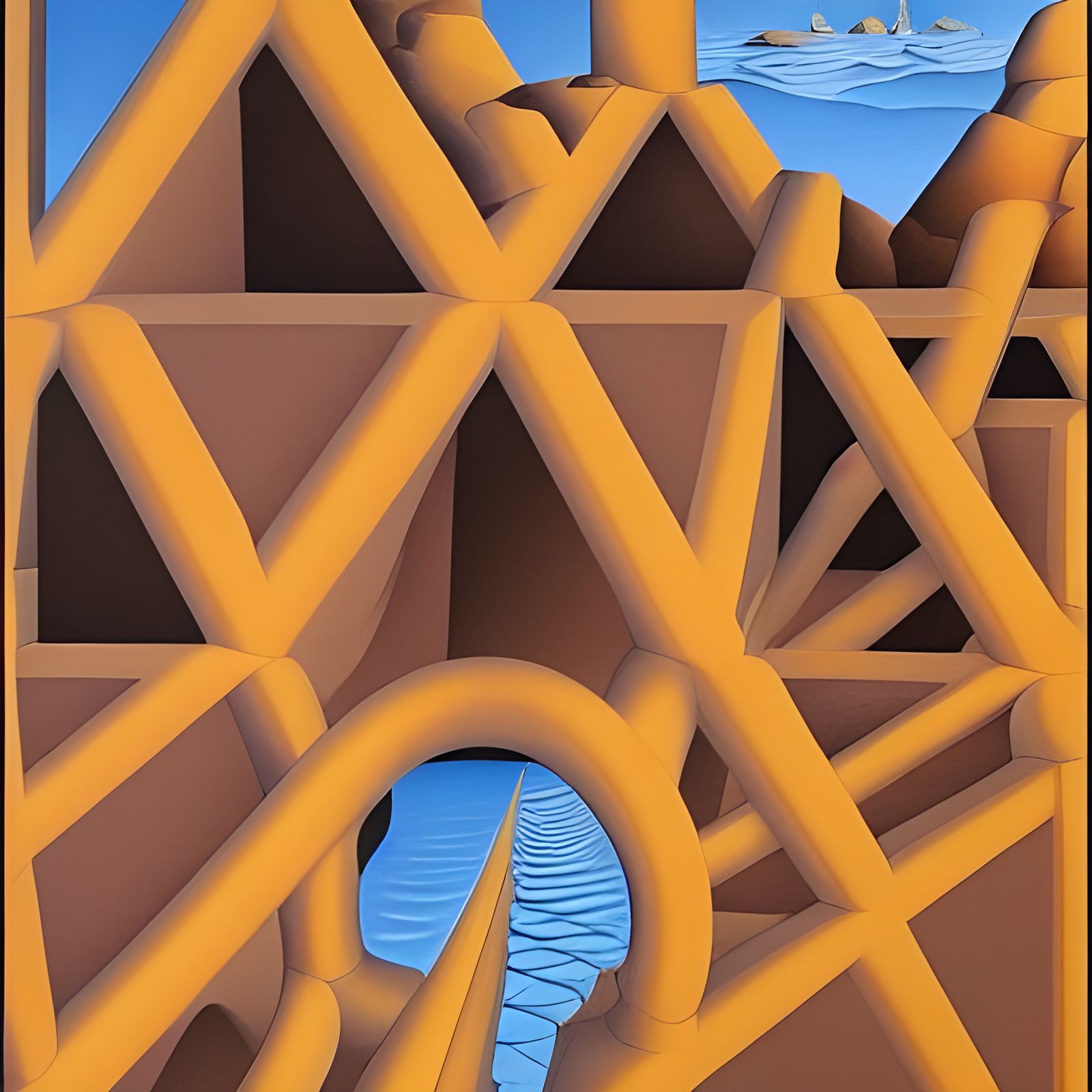 Escher-Style Waterfalls and Pillars in Desert Landscape