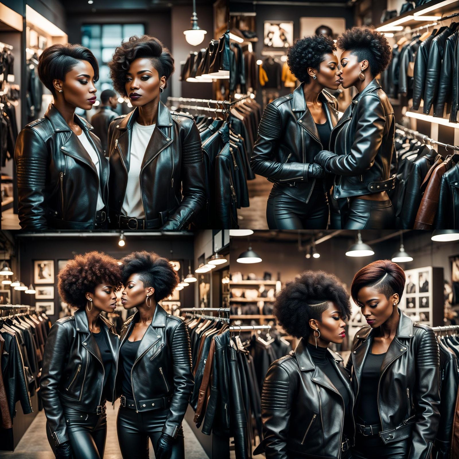 Stylish Women in Leather Clothing Store: Cinematic Film Stil...