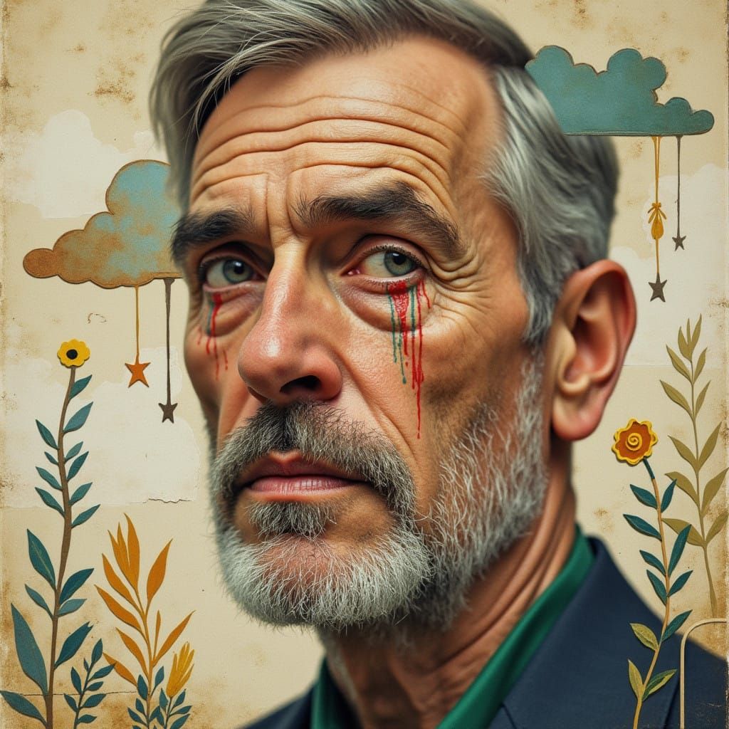 Realistic Portrait in Whimsical Collage Style with Tears and...